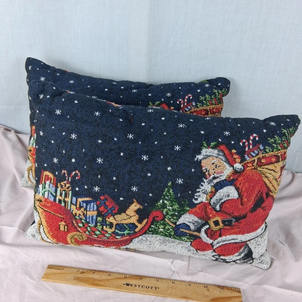 2 Tapestry Christmas Double Sided Reversible Throw Pillows Santa Ornaments Sofa